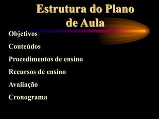 Estrutura do Plano
de Aula
Objetivos
Conteúdos
Procedimentos de ensino
Recursos de ensino
Avaliação
Cronograma
 