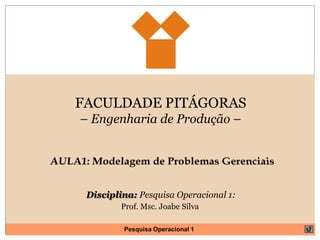 FACULDADE PITÁGORAS – Engenharia de Produção –  AULA1: Modelagem de Problemas Gerenciais Disciplina: Pesquisa Operacional 1: Prof. Msc. Joabe Silva 