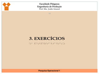 102. CONSTRUÇÃO DE MODELO DE SIMULAÇÃO E OTIMIZAÇÃOUm estudo de Pesquisa Operacional costuma envolver 6 fases:Formulação do Problema: Neste momento, o responsável pelo estudo em PO deve analisar o problema de maneira clara e eficiente, definindo os objetivos a alcançar e quais os caminhos alternativos para que isto ocorra;Identificação de VariáveisExemplo: 	Água 		= (insumo) Laranja 		= (insumo) Suco (produto)	=       x1Função Objetivo: Mede a eficiência do sistema para cada solução proposta;Exemplo: 	Maximizar  Lucro = x1 + 2x2MinimizarCusto = 40x1 + 25x2