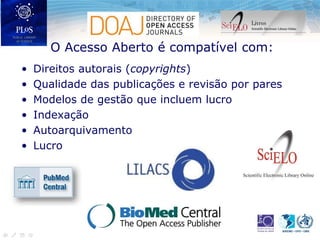 O Acesso Aberto é compatível com:
• Direitos autorais (copyrights)
• Qualidade das publicações e revisão por pares
• Modelos de gestão que incluem lucro
• Indexação
• Autoarquivamento
• Lucro
 