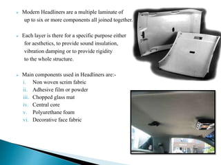  Modern Headliners are a multiple laminate of
up to six or more components all joined together.
 Each layer is there for a specific purpose either
for aesthetics, to provide sound insulation,
vibration damping or to provide rigidity
to the whole structure.
 Main components used in Headliners are:-
i. Non woven scrim fabric
ii. Adhesive film or powder
iii. Chopped glass mat
iv. Central core
v. Polyurethane foam
vi. Decorative face fabric
 