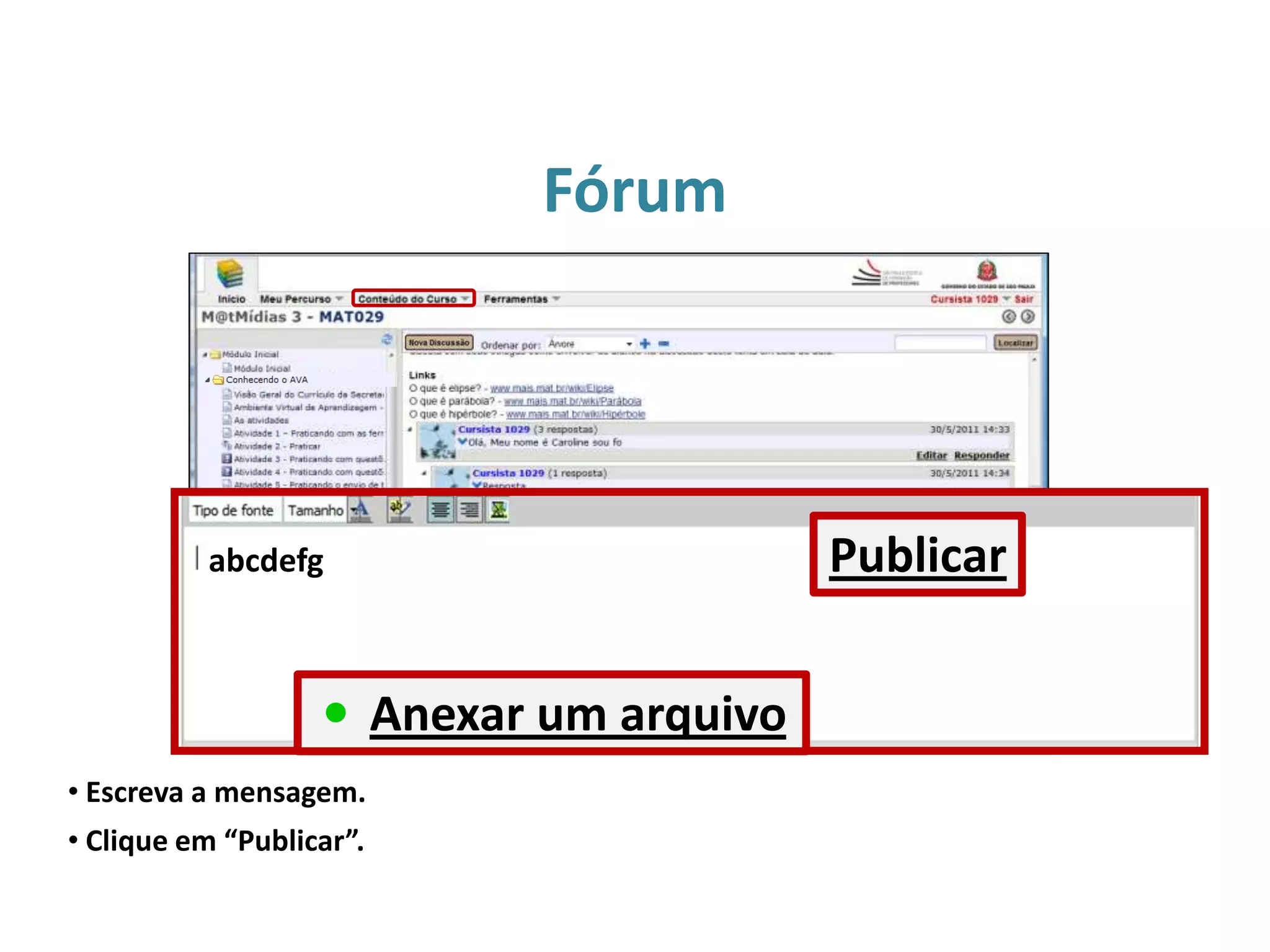 Fórum
• Escreva a mensagem.
• Clique em “Publicar”.
abcdefg
Anexar um arquivo
Publicar
 