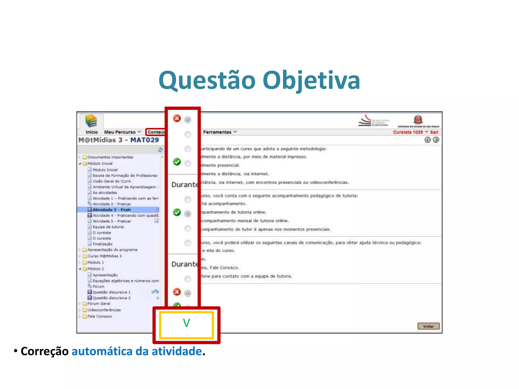 V
Questão Objetiva
• Correção automática da atividade.
V
 