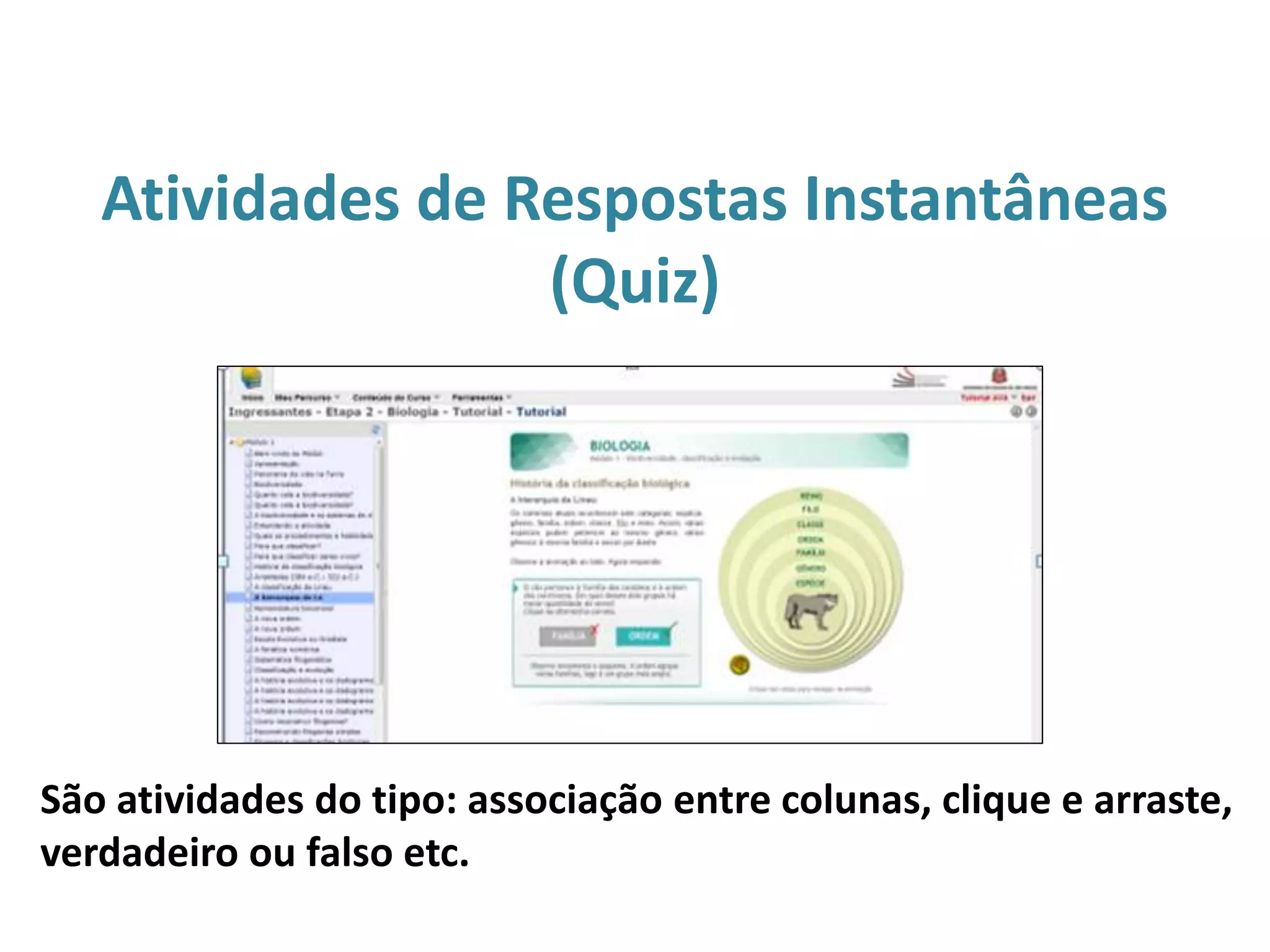 Atividades de Respostas Instantâneas
(Quiz)
São atividades do tipo: associação entre colunas, clique e arraste,
verdadeiro ou falso etc.
 