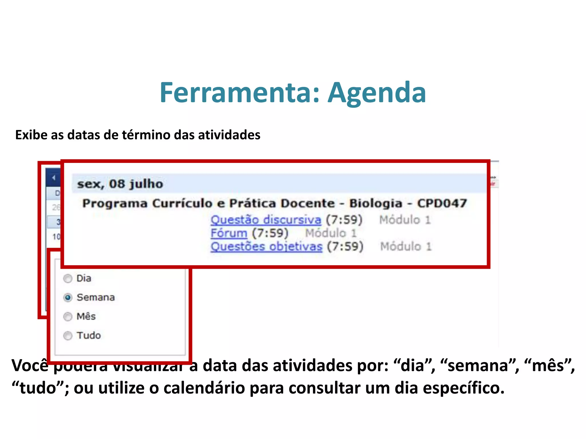 Ferramenta: Agenda
Você poderá visualizar a data das atividades por: “dia”, “semana”, “mês”,
“tudo”; ou utilize o calendário para consultar um dia específico.
Exibe as datas de término das atividades
 