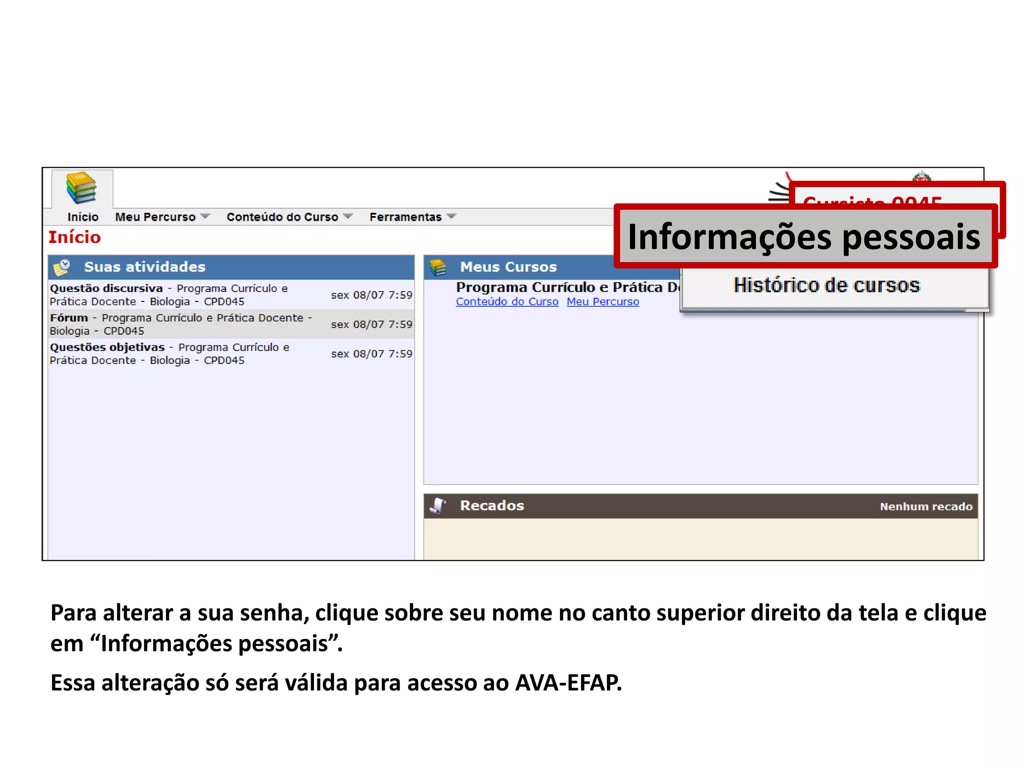 Para alterar a sua senha, clique sobre seu nome no canto superior direito da tela e clique
em “Informações pessoais”.
Essa alteração só será válida para acesso ao AVA-EFAP.
Cursista 0045
Informações pessoais
 
