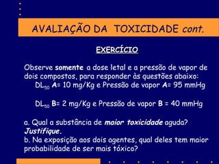 AVALIAÇÃO DA TOXICIDADE cont.
EXERCÍCIO
Observe somente a dose letal e a pressão de vapor de
dois compostos, para responder às questões abaixo:
DL50 A= 10 mg/Kg e Pressão de vapor A= 95 mmHg
DL50 B= 2 mg/Kg e Pressão de vapor B = 40 mmHg
a. Qual a substância de maior toxicidade aguda?
Justifique.
b. Na exposição aos dois agentes, qual deles tem maior
probabilidade de ser mais tóxico?

 