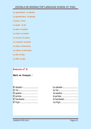 ESCUELA DE IDIOMAS TOP LANGUAGE SCHOOL ST. PAUL
CAHIER D´ÉTE 2013 Página 21
Le grand-père : el abuelo
La grand-mère : la abuela
L’oncle : el tío
La tante : la tía
Le père: el padre
La mère: la madre
Le cousin: el primo
La cousine: la prima
Le frère: el hermano
La soeur: la hermana
Le fils: el hijo
La fille: la hija
Exercice nº 8
Mets en français :
El abuelo :............................ La abuela :...........................
El tío :.................................. la tía:…………………………………
El padre:…………………………… la madre:…………………………..
El primo:…………………………… la prima:…………………………….
El hermano:……………………… la hermana:……………………….
El hijo:………………………………. La hija:………………………………
 