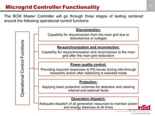 OperationalControlFunctions
Disconnection:
Capability for disconnection from the main grid due to
disturbances or outages
Re-synchronization and reconnection:
Capability for resynchronization and reconnection to the main
grid after the main grid restoration
Power quality control:
Providing required responses to PQ issues during ride-through
transients and/or after stabilizing in islanded mode
Protection:
Applying basic protection schemes for detection and clearing
internal and external faults
Generation dispatch:
Adequate dispatch of all generation resources to maintain power
and energy balances at all times
7
Microgrid Controller Functionality
The BCM Master Controller will go through three stages of testing centered
around the following operational control functions:
 