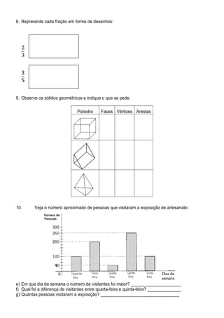 8. Represente cada fração em forma de desenhos:




9. Observe os sólidos geométricos e indique o que se pede:

                                Poliedro    Faces Vértices Arestas




10.      Veja o número aproximado de pessoas que visitaram a exposição de artesanato:




e) Em que dia da semana o número de visitantes foi maior? _____________________
f) Qual foi a diferença de visitantes entre quarta-feira e quinta-feira? ______________
g) Quantas pessoas visitaram a exposição? _________________________________
 