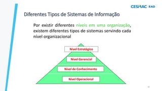 30
Diferentes Tipos de Sistemas de Informação
Por existir diferentes níveis em uma organização,
existem diferentes tipos de sistemas servindo cada
nível organizacional
Nível Estratégico
Nível Gerencial
Nível Operacional
Nível de Conhecimento
 