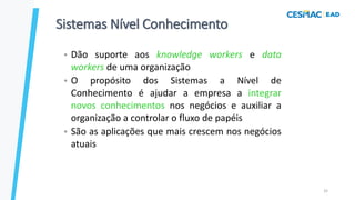 32
Sistemas Nível Conhecimento
• Dão suporte aos knowledge workers e data
workers de uma organização
• O propósito dos Sistemas a Nível de
Conhecimento é ajudar a empresa a integrar
novos conhecimentos nos negócios e auxiliar a
organização a controlar o fluxo de papéis
• São as aplicações que mais crescem nos negócios
atuais
 