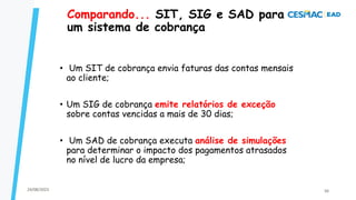 • Um SIT de cobrança envia faturas das contas mensais
ao cliente;
• Um SIG de cobrança emite relatórios de exceção
sobre contas vencidas a mais de 30 dias;
• Um SAD de cobrança executa análise de simulações
para determinar o impacto dos pagamentos atrasados
no nível de lucro da empresa;
Comparando... SIT, SIG e SAD para
um sistema de cobrança
24/08/2023 56
 