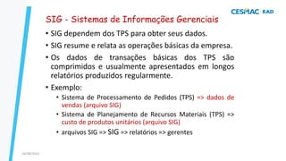 48
• SIG dependem dos TPS para obter seus dados.
• SIG resume e relata as operações básicas da empresa.
• Os dados de transações básicas dos TPS são
comprimidos e usualmente apresentados em longos
relatórios produzidos regularmente.
• Exemplo:
• Sistema de Processamento de Pedidos (TPS) => dados de
vendas (arquivo SIG)
• Sistema de Planejamento de Recursos Materiais (TPS) =>
custo de produtos unitários (arquivo SIG)
• arquivos SIG => SIG => relatórios => gerentes
SIG - Sistemas de Informações Gerenciais
24/08/2023
 