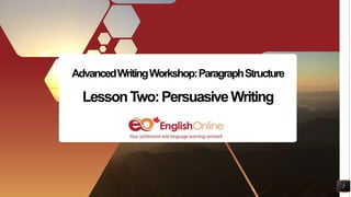 https://pixabay.com/photos/books-bookstore-book-reading-1204029/shared under CC0
2
AdvancedWritingWorkshop:ParagraphStructure
LessonTwo:PersuasiveWriting
 