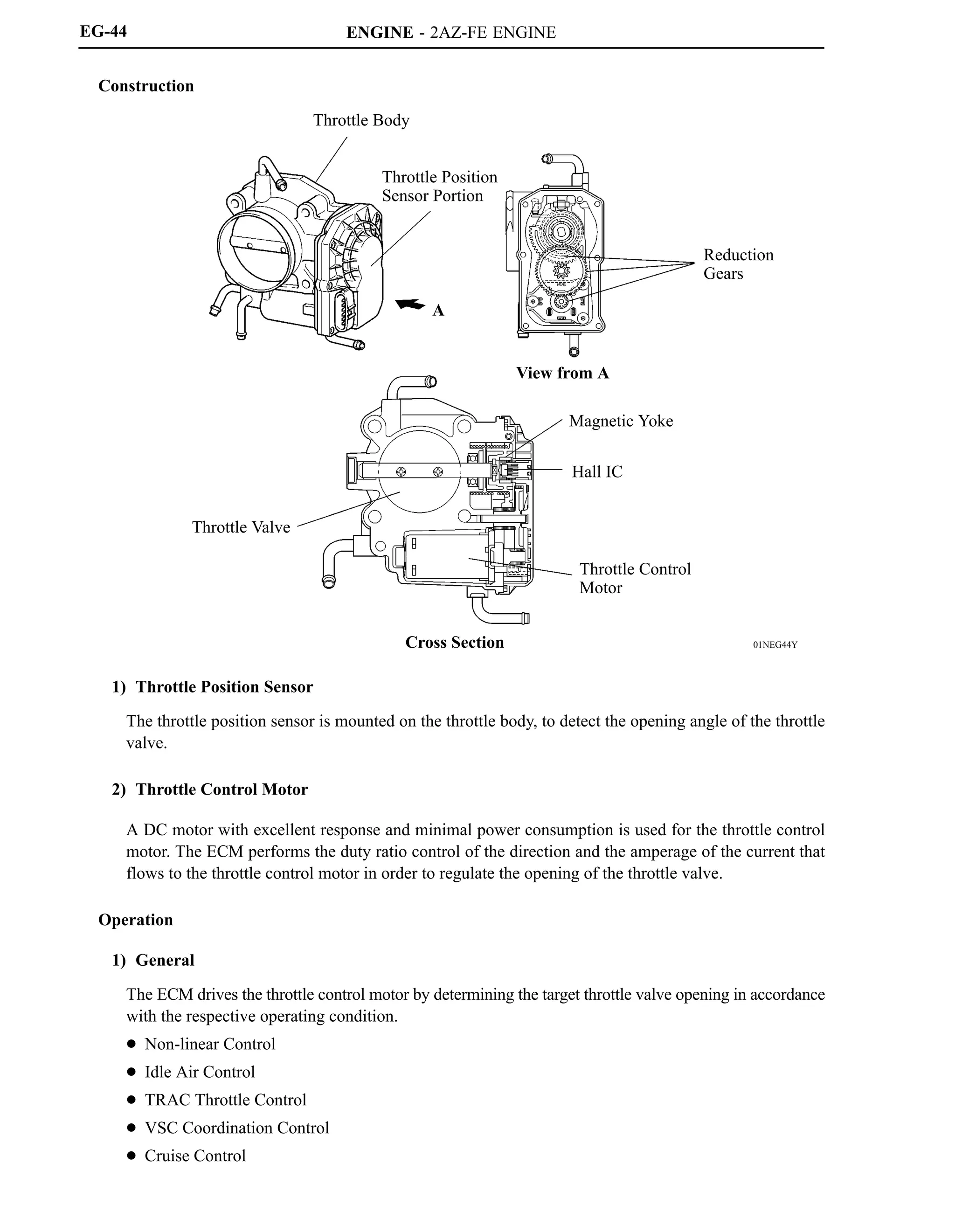 ENGINE - 2AZ-FE ENGINE
Throttle Body
Throttle Position
Sensor Portion
Reduction
Gears
Throttle Valve
Magnetic Yoke
Hall IC
Throttle Control
Motor
A
View from A
Cross Section 01NEG44Y
EG-44
Construction
1) Throttle Position Sensor
The throttle position sensor is mounted on the throttle body, to detect the opening angle of the throttle
valve.
2) Throttle Control Motor
A DC motor with excellent response and minimal power consumption is used for the throttle control
motor. The ECM performs the duty ratio control of the direction and the amperage of the current that
flows to the throttle control motor in order to regulate the opening of the throttle valve.
Operation
1) General
The ECM drives the throttle control motor by determining the target throttle valve opening in accordance
with the respective operating condition.
 Non-linear Control
 Idle Air Control
 TRAC Throttle Control
 VSC Coordination Control
 Cruise Control
 