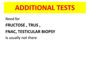 ADDITIONAL TESTS
Need for
FRUCTOSE , TRUS ,
FNAC, TESTICULAR BIOPSY
Is usually not there
 