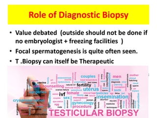 Role of Diagnostic Biopsy
• Value debated (outside should not be done if
no embryologist + freezing facilities )
• Focal spermatogenesis is quite often seen.
• T .Biopsy can itself be Therapeutic
Testicular Bipsy pic
 