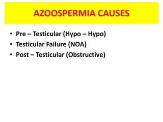 AZOOSPERMIA CAUSES
• Pre – Testicular (Hypo – Hypo)
• Testicular Failure (NOA)
• Post – Testicular (Obstructive)
 
