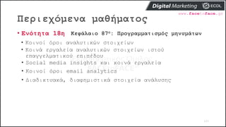 Περιεχόμενα μαθήματος
105
• Ενότητα 18η Κεφάλαιο 87ο: Προγραμματισμός μηνυμάτων
• Κοινοί όροι αναλυτικών στοιχείων
• Κοινά εργαλεία αναλυτικών στοιχείων ιστού
επαγγελματικού επιπέδου
• Social media insights και κοινά εργαλεία
• Κοινοί όροι email analytics
• Διαδικτυακά, διαφημιστικά στοιχεία ανάλυσης
 