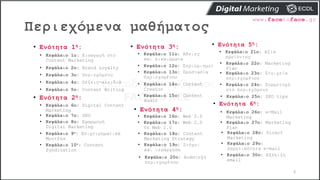 Περιεχόμενα μαθήματος
3
• Ενότητα 1η:
• Κεφάλαιο 1ο: Εισαγωγή στο
Content Marketing
• Κεφάλαιο 2ο: Brand Loyalty
• Κεφάλαιο 3ο: Περιεχόμενο
• Κεφάλαιο 4ο: Λέξεις-κλειδιά
• Κεφάλαιο 5ο: Content Writing
• Κεφάλαιο 6ο: Digital Content
Marketing
• Ενότητα 2η:
• Κεφάλαιο 7ο: SEO
• Κεφάλαιο 8ο: Εφαρμογή
Digital Marketing
• Κεφάλαιο 9ο: Επιχειρηματικά
Μοντέλα
• Κεφάλαιο 10ο: Content
Syndication
• Ενότητα 3η:
• Κεφάλαιο 11ο: Άδειες
και Δικαιώματα
• Κεφάλαιο 12ο: Περιορισμοί
• Κεφάλαιο 13ο: Προστασία
Περιεχομένου
• Κεφάλαιο 14ο: Content
Creator
• Κεφάλαιο 15ο: Content
Audit
• Ενότητα 4η:
• Κεφάλαιο 16ο: Web 2.0
• Κεφάλαιο 17ο: Web 2.0
Vs Web 1.0
• Κεφάλαιο 18ο: Content
Marketing Strategy
• Κεφάλαιο 19ο: Στόχοι
και ιεράρχηση
• Ενότητα 5η:
• Κεφάλαιο 20ο: Ανάπτυξη
περιεχομένου
• Κεφάλαιο 21ο: Αξία
προϊόντος
• Κεφάλαιο 22ο: Marketing
Plan
• Κεφάλαιο 23ο: Στοιχεία
περιεχομένου
• Κεφάλαιο 24ο: Συμμετοχή
στο περιεχόμενο
• Κεφάλαιο 25ο: SEO tips
• Κεφάλαιο 26ο: e-Mail
Marketing
• Κεφάλαιο 27ο: Marketing
Plan
• Κεφάλαιο 28ο: Direct
Marketing
• Κεφάλαιο 29ο:
Δημοτικότητα e-mail
• Ενότητα 6η:
• Κεφάλαιο 30ο: Εξέλιξη
email
 