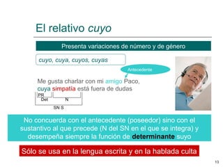 El relativo cuyo
               Presenta variaciones de número y de género

      cuyo, cuya, cuyos, cuyas
                                     Antecedente

     Me gusta charlar con mi amigo Paco,
     cuya simpatía está fuera de dudas
     PR
      Det          N
            SN S


 No concuerda con el antecedente (poseedor) sino con el
sustantivo al que precede (N del SN en el que se integra) y
  desempeña siempre la función de determinante suyo

Sólo se usa en la lengua escrita y en la hablada culta
                                                              13
 