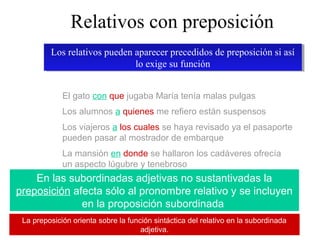 Relativos con preposición
         Los relativos pueden aparecer precedidos de preposición si así
         Los relativos pueden aparecer precedidos de preposición si así
                              lo exige su función
                               lo exige su función


             El gato con que jugaba María tenía malas pulgas
             Los alumnos a quienes me refiero están suspensos
             Los viajeros a los cuales se haya revisado ya el pasaporte
             pueden pasar al mostrador de embarque
             La mansión en donde se hallaron los cadáveres ofrecía
             un aspecto lúgubre y tenebroso
    En las subordinadas adjetivas no sustantivadas la
preposición afecta sólo al pronombre relativo y se incluyen
              en la proposición subordinada
 La preposición orienta sobre la función sintáctica del relativo en la subordinada
                                           6
                                     adjetiva.
 