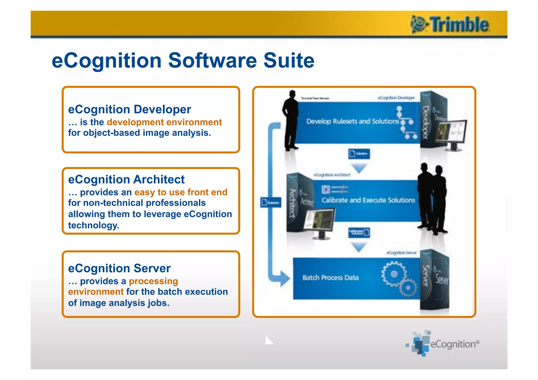 eCognition Software Suite

 eCognition Developer
 … is the development environment
 for object-based image analysis.




 eCognition Architect
 … provides an easy to use front end
 for non-technical professionals
 allowing them to leverage eCognition
 technology.



 eCognition Server
 … provides a processing
 environment for the batch execution
 of image analysis jobs.
 