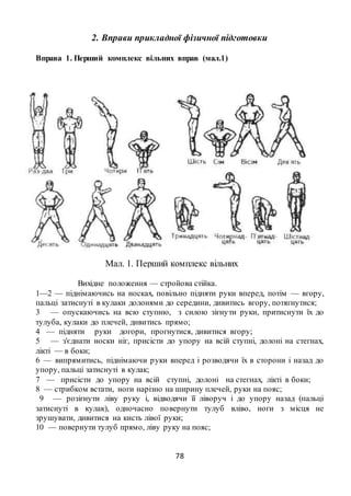 78
2. Вправи прикладної фізичної підготовки
Вправа 1. Перший комплекс вільних вправ (мал.1)
Вихідне положення — стройова стійка.
1—2 — піднімаючись на носках, повільно підняти руки вперед, потім — вгору,
пальці затиснуті в кулаки долонями до середини, дивитись вгору, потягнутися;
3 — опускаючись на всю ступню, з силою зігнути руки, притиснути їх до
тулуба, кулаки до плечей, дивитись прямо;
4 — підняти руки догори, прогнутися, дивитися вгору;
5 — з'єднати носки ніг, присісти до упору на всій ступні, долоні на стегнах,
лікті — в боки;
6 — випрямитись, піднімаючи руки вперед і розводячи їх в сторони і назад до
упору, пальці затиснуті в кулак;
7 — присісти до упору на всій ступні, долоні на стегнах, лікті в боки;
8 — стрибком встати, ноги нарізно на ширину плечей, руки на пояс;
9 — розігнути ліву руку і, відводячи її ліворуч і до упору назад (пальці
затиснуті в кулак), одночасно повернути тулуб вліво, ноги з місця не
зрушувати, дивитися на кисть лівої руки;
10 — повернути тулуб прямо, ліву руку на пояс;
Мал. 1. Перший комплекс вільних
вправ
 