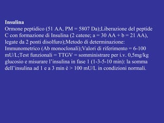 Insulina 
Ormone peptidico (51 AA, PM = 5807 Da);Liberazione del peptide 
C con formazione di Insulina (2 catene; a = 30 AA + b = 21 AA), 
legate da 2 ponti disolfuro);Metodo di determinazione: 
Immunometrico (Ab monoclonali);Valori di riferimento = 6-100 
mU/L;Test funzionali = TTGV = somministrare per i.v. 0,5mg/kg 
glucosio e misurare l’insulina in fase 1 (1-3-5-10 min): la somma 
dell’insulina ad 1 e a 3 min è > 100 mU/L in condizioni normali. 
 