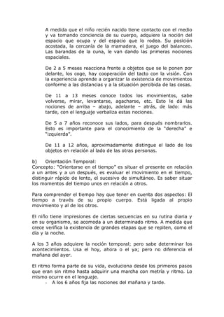 A medida que el niño recién nacido tiene contacto con el medio
     y va tomando conciencia de su cuerpo, adquiere la noción del
     espacio que ocupa y del espacio que lo rodea. Su posición
     acostada, la cercanía de la mamadera, el juego del balanceo.
     Las barandas de la cuna, le van dando las primeras nociones
     espaciales.

     De 2 a 5 meses reacciona frente a objetos que se le ponen por
     delante, los coge, hay cooperación del tacto con la visión. Con
     la experiencia aprende a organizar la existencia de movimientos
     conforme a las distancias y a la situación percibida de las cosas.

     De 11 a 13 meses conoce todos los movimientos, sabe
     volverse, mirar, levantarse, agacharse, etc. Esto le dá las
     nociones de arriba – abajo, adelante – atrás, de lado: más
     tarde, con el lenguaje verbaliza estas nociones.

     De 5 a 7 años reconoce sus lados, para después nombrarlos.
     Esto es importante para el conocimiento de la “derecha” e
     “izquierda”.

     De 11 a 12 años, aproximadamente distingue el lado de los
     objetos en relación al lado de las otras personas.

b)    Orientación Temporal:
Concepto: “Orientarse en el tiempo” es situar el presente en relación
a un antes y a un después, es evaluar el movimiento en el tiempo,
distinguir rápido de lento, el sucesivo de simultáneo. Es saber situar
los momentos del tiempo unos en relación a otros.

Para comprender el tiempo hay que tener en cuenta dos aspectos: El
tiempo a través de su propio cuerpo. Está ligada al propio
movimiento y al de los otros.

El niño tiene impresiones de ciertas secuencias en su rutina diaria y
en su organismo, se acomoda a un determinado ritmo. A medida que
crece verifica la existencia de grandes etapas que se repiten, como el
día y la noche.

A los 3 años adquiere la noción temporal; pero sabe determinar los
acontecimientos. Usa el hoy, ahora o el ya; pero no diferencia el
mañana del ayer.

El ritmo forma parte de su vida, evoluciona desde los primeros pasos
que eran sin ritmo hasta adquirir una marcha con metría y ritmo. Lo
mismo ocurre en el lenguaje.
       - A los 6 años fija las nociones del mañana y tarde.
 