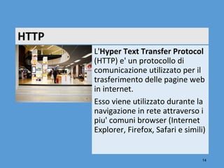 HTTP
       L'Hyper Text Transfer Protocol
       (HTTP) e' un protocollo di 
       comunicazione utilizzato per il 
       trasferimento delle pagine web 
       in internet. 
       Esso viene utilizzato durante la 
       navigazione in rete attraverso i 
       piu' comuni browser (Internet 
       Explorer, Firefox, Safari e simili) 

                  
                                         14
 