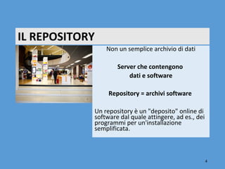 IL REPOSITORY
                Non un semplice archivio di dati

                    Server che contengono
                        dati e software

                 Repository = archivi software

            Un repository è un "deposito" online di
            software dal quale attingere, ad es., dei
            programmi per un'installazione
            semplificata.



                                                        4
 