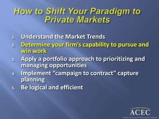 1. Understand the Market Trends
2. Determine your firm’s capability to pursue and
win work
3. Apply a portfolio approach to prioritizing and
managing opportunities
4. Implement “campaign to contract” capture
planning
5. Be logical and efficient
 