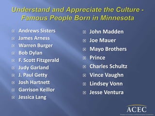  Andrews Sisters
 James Arness
 Warren Burger
 Bob Dylan
 F. Scott Fitzgerald
 Judy Garland
 J. Paul Getty
 Josh Hartnett
 Garrison Keillor
 Jessica Lang
 John Madden
 Joe Mauer
 Mayo Brothers
 Prince
 Charles Schultz
 Vince Vaughn
 Lindsey Vonn
 Jesse Ventura
 