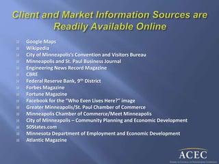  Google Maps
 Wikipedia
 City of Minneapolis’s Convention and Visitors Bureau
 Minneapolis and St. Paul Business Journal
 Engineering News Record Magazine
 CBRE
 Federal Reserve Bank, 9th District
 Forbes Magazine
 Fortune Magazine
 Facebook for the “Who Even Lives Here?” image
 Greater Minneapolis/St. Paul Chamber of Commerce
 Minneapolis Chamber of Commerce/Meet Minneapolis
 City of Minneapolis – Community Planning and Economic Development
 50States.com
 Minnesota Department of Employment and Economic Development
 Atlantic Magazine
 