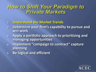 1. Understand the Market Trends
2. Determine your firm’s capability to pursue and
win work
3. Apply a portfolio approach to prioritizing and
managing opportunities
4. Implement “campaign to contract” capture
planning
5. Be logical and efficient
 