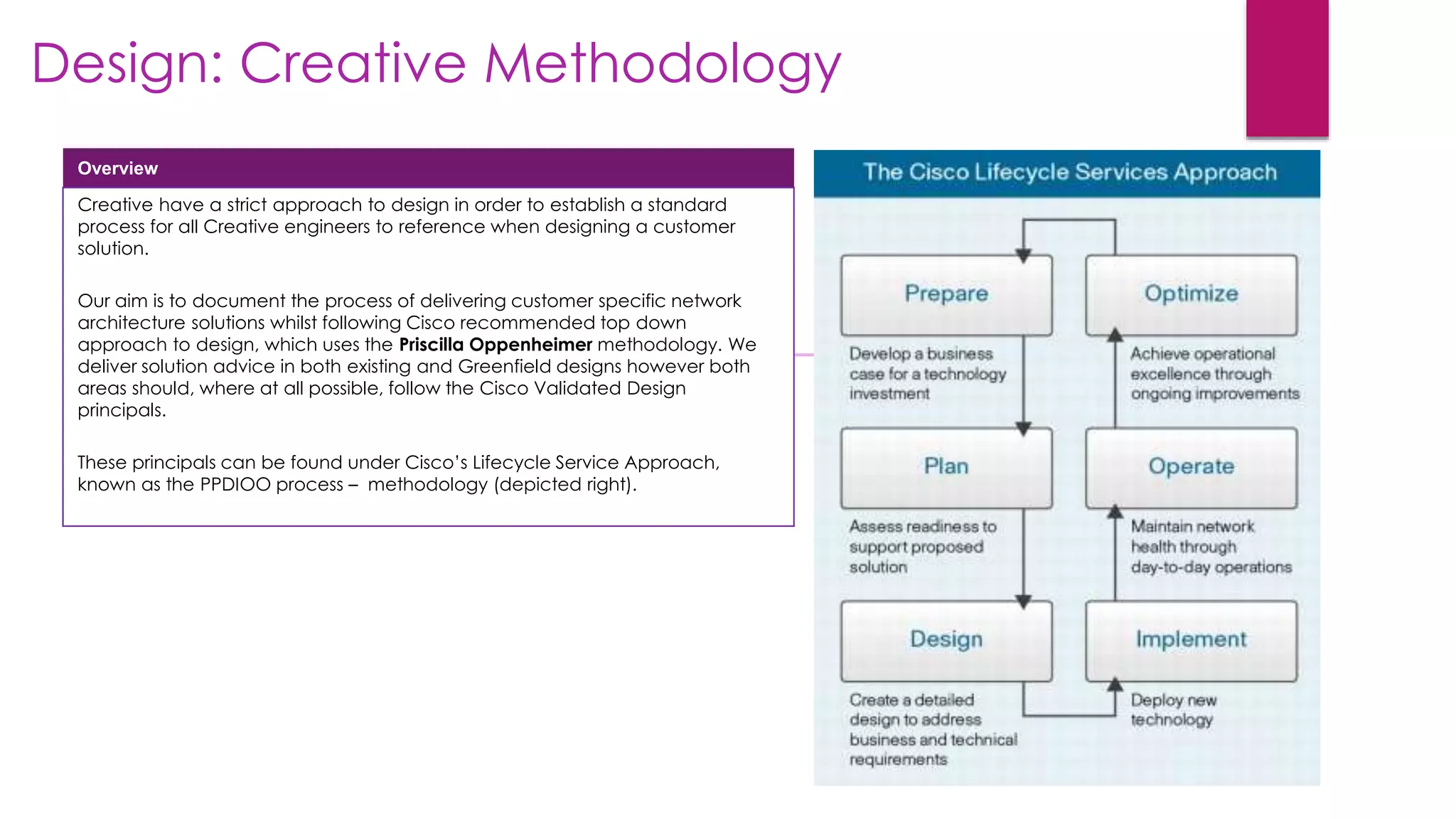 Design: Creative Methodology
Overview
Creative have a strict approach to design in order to establish a standard
process for all Creative engineers to reference when designing a customer
solution.
Our aim is to document the process of delivering customer specific network
architecture solutions whilst following Cisco recommended top down
approach to design, which uses the Priscilla Oppenheimer methodology. We
deliver solution advice in both existing and Greenfield designs however both
areas should, where at all possible, follow the Cisco Validated Design
principals.
These principals can be found under Cisco’s Lifecycle Service Approach,
known as the PPDIOO process – methodology (depicted right).
 