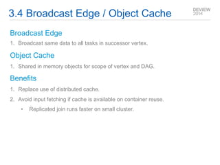 3.4 Broadcast Edge / Object Cache 
Broadcast Edge 
1. Broadcast same data to all tasks in successor vertex. 
Object Cache 
1. Shared in memory objects for scope of vertex and DAG. 
Benefits 
1. Replace use of distributed cache. 
2. Avoid input fetching if cache is available on container reuse. 
• Replicated join runs faster on small cluster. 
 
