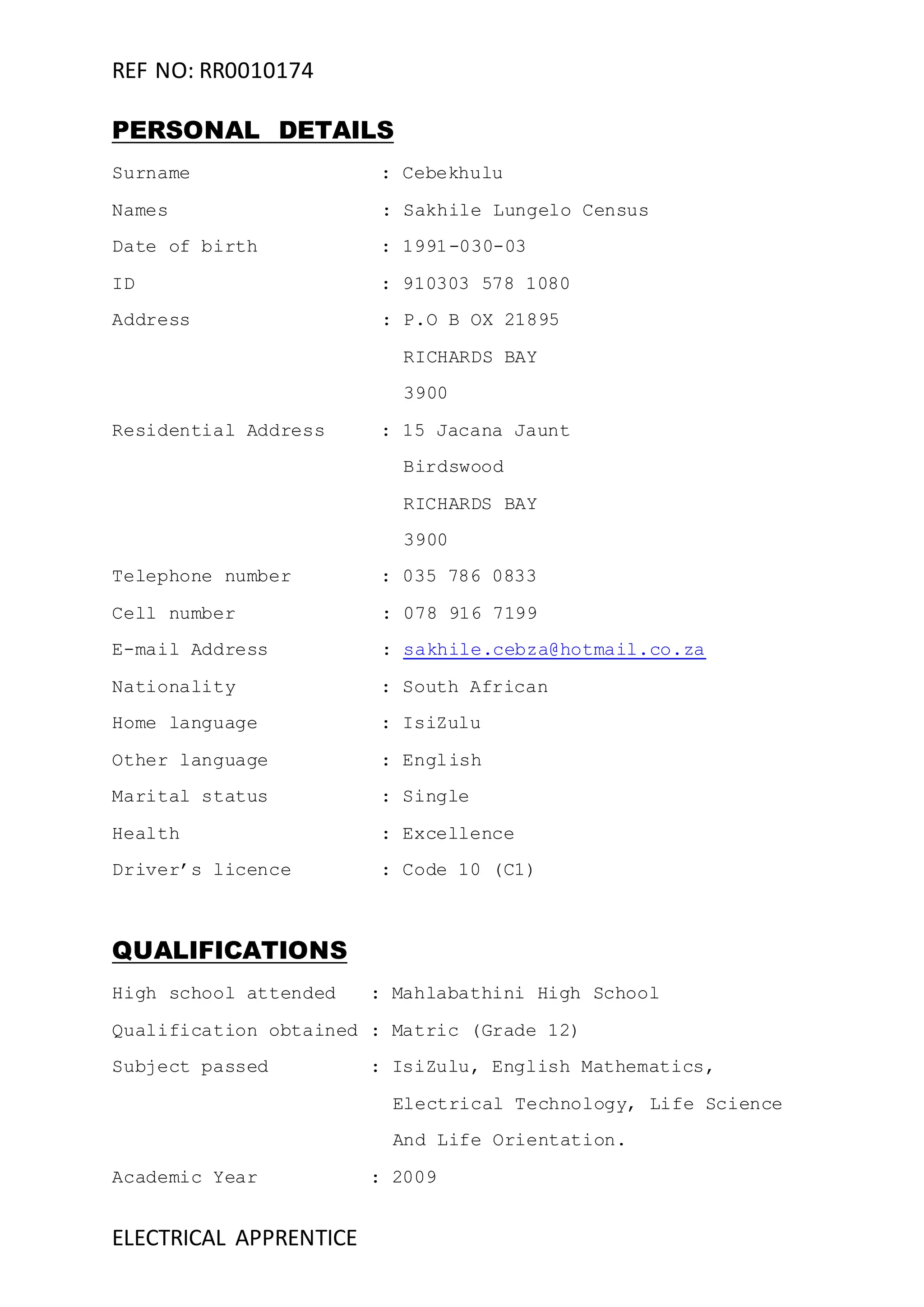 sakile's CV | PDF