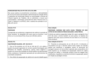 ACRESCENTADO PELA LEI Nº 9.957, DE 12.01.2000 
Nas  causas  sujeitas  ao  procedimento  sumaríssimo,  a  admissibilidade 
de recurso de revista está limitada à demonstração de violação direta 
a  dispositivo  da  Constituição  Federal  ou  contrariedade  a  Súmula  do 
Tribunal  Superior  do  Trabalho,  não  se  admitindo  o  recurso  por 
contrariedade  a  Orientação  Jurisprudencial  deste  Tribunal  (Livro  II, 
Título  II,  Capítulo  III,  do  RITST),  ante  a  ausência  de  previsão  no  art. 
896, § 6º, da CLT. 
 
Súmula nº 10                                                                             Nova redação: 
PROFESSOR                                                                   PROFESSOR.  DISPENSA  SEM  JUSTA  CAUSA.  TÉRMINO  DO  ANO 
É assegurado aos professores o pagamento dos salários no período de  LETIVO OU NO CURSO DE FÉRIAS ESCOLARES. AVISO PRÉVIO.  
férias  escolares.  Se  despedido  sem  justa  causa  ao  terminar  o  ano  O direito aos salários assegurados (artigo 322, caput e parágrafo 3º da 
letivo ou no curso dessas férias, faz jus aos referidos salários.           CLT)  não  exclui  o  direito  também  ao  aviso  prévio,  na  hipótese  de 
                                                                            dispensa  sem  justa  causa  ao  término  do  ano  letivo  ou  no  curso  das 
                                                                            férias escolares. 
Súmula nº 6                                                                              Nova redação do item VI: 
EQUIPARAÇÃO SALARIAL. ART. 461 DA CLT                                                    VI  ‐  Presentes  os  pressupostos  do  art.  461  da  CLT,  é  irrelevante  a 
                                                                                         circunstância  de  que  o  desnível  salarial  tenha  origem  em  decisão 
I  ‐  Para  os  fins  previstos  no  §  2º  do  art.  461  da  CLT,  só  é  válido  o 
                                                                                         judicial  que  beneficiou  o  paradigma,  exceto  se  decorrente  de 
quadro de pessoal organizado em carreira quando homologado pelo 
                                                                                         vantagem  pessoal,  de  tese  jurídica  superada  pela  jurisprudência  de 
Ministério  do  Trabalho,  excluindo‐se,  apenas,  dessa  exigência  o 
                                                                                         Corte  Superior  ou,  na  hipótese  de  equiparação  salarial  em  cadeia 
quadro de carreira das entidades de direito público da administração 
                                                                                         suscitada  em  defesa,  o  reclamado  produzir  prova  do  alegado  fato 
direta,  autárquica  e  fundacional  aprovado  por  ato  administrativo  da 
                                                                                         modificativo, impeditivo ou extintivo do direito à equiparação salarial 
autoridade competente.  
                                                                                         em relação ao paradigma remoto. 
II ‐ Para efeito de equiparação de salários em caso de trabalho igual, 
 