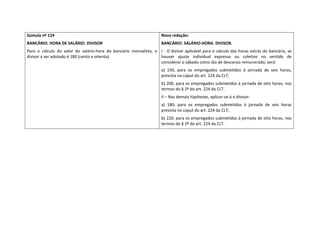 Súmula nº 124                                                              Nova redação: 
BANCÁRIO. HORA DE SALÁRIO. DIVISOR                                         BANCÁRIO. SALÁRIO‐HORA. DIVISOR.  
Para  o  cálculo  do  valor  do  salário‐hora  do  bancário  mensalista,  o  I ‐ O divisor aplicável para o cálculo das horas extras do bancário, se 
divisor a ser adotado é 180 (cento e oitenta).                               houver  ajuste  individual  expresso  ou  coletivo  no  sentido  de 
                                                                             considerar o sábado como dia de descanso remunerado, será:  
 
                                                                           a)  150,  para  os  empregados  submetidos  à  jornada  de  seis  horas, 
                                                                           prevista no caput do art. 224 da CLT;  
                                                                           b) 200, para os empregados submetidos à jornada de oito horas, nos 
                                                                           termos do § 2º do art. 224 da CLT.  
                                                                           II – Nas demais hipóteses, aplicar‐se‐á o divisor:  
                                                                           a)  180,  para  os  empregados  submetidos  à  jornada  de  seis  horas 
                                                                           prevista no caput do art. 224 da CLT;  
                                                                           b) 220, para os empregados submetidos à jornada de oito horas, nos 
                                                                           termos do § 2º do art. 224 da CLT. 
 