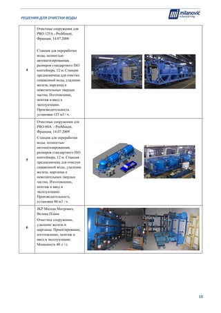 РЕШЕНИЯ ДЛЯ ОЧИСТКИ ВОДЫ                                                                                                     
                                                                                                                                                                              
  10
4
Очистные сооружения для
PRO 125A - ProMinent,
Франция, 14.07.2009
Cтанция для переработки
воды, полностью
автоматизированная,
размеров стандартного ISO
контейнера, 12 м. Станция
предназначена для очистки
скваженной воды, удаление
железа, марганца и
нежелательных твердых
частиц. Изготовление,
монтаж и ввод в
эксплуатацию.
Производительность
установки 125 м3 / ч.
5
Очистные сооружения для
PRO 80A - ProMinent,
Франция, 14.07.2009
Cтанция для переработки
воды, полностью
автоматизированная,
размеров стандартного ISO
контейнера, 12 м. Станция
предназначена для очистки
скваженной воды, удаление
железа, марганца и
нежелательных твердых
частиц. Изготовление,
монтаж и ввод в
эксплуатацию.
Производительность
установки 80 м3 / ч.
6
JKP Милош Митрович,
Велика Плана
Очистное сооружение,
удаление железа и
марганца. Проектирование,
изготовление, монтаж и
ввод в эксплуатацию.
Мощьность 40 л / с.
 