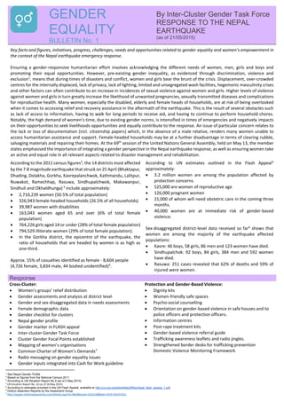 GENDER
EQUALITY
BULLETIN No. 1
By Inter-Cluster Gender Task Force
RESPONSE TO THE NEPAL
EARTHQUAKE
(as of 21/05/2015)
Key facts and figures, initiatives, progress, challenges, needs and opportunities related to gender equality and women’s empowerment in
the context of the Nepal earthquake emergency response.
Ensuring a gender-responsive humanitarian effort involves acknowledging the different needs of women, men, girls and boys and
promoting their equal opportunities. However, pre-existing gender inequality, as evidenced through discrimination, violence and
exclusion1
, means that during times of disasters and conflict, women and girls bear the brunt of the crisis. Displacement, over-crowded
centres for the internally displaced, lack of privacy, lack of lighting, limited and unsegregated wash facilities, hegemonic masculinity crises
and other factors can often contribute to an increase in incidences of sexual violence against women and girls. Higher levels of violence
against women and girls in turn greatly increase the likelihood of unwanted pregnancies, sexually transmitted diseases and complications
for reproductive health. Many women, especially the disabled, elderly and female heads of households, are at risk of being overlooked
when it comes to accessing relief and recovery assistance in the aftermath of the earthquake. This is the result of several obstacles such
as lack of access to information, having to walk for long periods to receive aid, and having to continue to perform household chores.
Notably, the high demand of women’s time, due to existing gender norms, is intensified in times of emergencies and negatively impacts
on their opportunities to seek livelihoods opportunities and equally contribute to the response. An issue of particular concern relates to
the lack or loss of documentation (incl. citizenship papers) which, in the absence of a male relative, renders many women unable to
access humanitarian assistance and support. Female-headed households may be at a further disadvantage in terms of clearing rubble,
salvaging materials and repairing their homes. At the 69th
session of the United Nations General Assembly, held on May 13, the member
states emphasised the importance of integrating a gender perspective in the Nepal earthquake response, as well as ensuring women take
an active and equal role in all relevant aspects related to disaster management and rehabilitation.
According to the 2011 census figures2
, the 14 districts most affected
by the 7.8 magnitude earthquake that struck on 25 April (Bhaktapur,
Dhading, Dolakha, Gorkha, Kavrepalanchwok, Kathmandu, Lalitpur,
Nuwakot, Ramechhap, Rasuwa, Sindhupalchwok, Makawanpur,
Sindhuli and Okhaldhunga) 3
include approximately:
 2,710,239 women (50.5% of total population)
 326,943 female-headed households (26.5% of all households)
 39,987 women with disabilities
 163,043 women aged 65 and over (6% of total female
population)
 764,226 girls aged 14 or under (28% of total female population)
 794,529 illiterate women (29% of total female population).
 In the Gorkha district, the epicentre of the earthquake, the
ratio of households that are headed by women is as high as
one-third.
Approx. 55% of casualties identified as female - 8,604 people
(4,726 female, 3,834 male, 44 bodied unidentified)4
.
According to UN estimates outlined in the Flash Appeal5
approximately:
 3.2 million women are among the population affected by
protection concerns.
 525,000 are women of reproductive age
 126,000 pregnant women
 21,000 of whom will need obstetric care in the coming three
months.
 40,000 women are at immediate risk of gender-based
violence.
Sex-disaggregated district-level data received so far6
shows that
women are among the majority of the earthquake affected
populations:
 Kavre: 46 boys, 58 girls, 86 men and 123 women have died.
 Sindhupalchok: 92 boys, 84 girls, 384 men and 592 women
have died.
 Rasuwa: 251 cases revealed that 62% of deaths and 59% of
injured were women.
Response
Cross-Cluster:
 Women’s groups’ relief distribution
 Gender assessments and analysis at district level
 Gender and sex-disaggregated data in needs assessments
 Female demographic data
 Gender checklist for clusters
 Nepal gender profile
 Gender marker in FLASH appeal
 Inter-cluster Gender Task Force
 Cluster Gender Focal Points established
 Mapping of women’s organisations
 Common Charter of Women’s Demands7
 Radio messaging on gender equality issues
 Gender inputs integrated into Cash for Work guideline
Protection and Gender-Based Violence:
 Dignity kits
 Women-friendly safe spaces
 Psycho-social counselling
 Orientation on gender-based violence in safe houses and to
police officers and protection officers.
 Information centres
 Post-rape treatment kits
 Gender-based violence referral guide
 Trafficking awareness leaflets and radio jingles.
 Strengthened border desks for trafficking prevention
Domestic Violence Monitoring Framework
1
See Nepal Gender Profile
2
Based on figures from the National Census 2011
3
According to UN Situation Report No.9 (as of 2 May 2015).
4
UN Situation Report No. 16 (as of 18 May 2015)
5
According to estimates provided in the UN Flash Appeal, available at http://un.org.np/sites/default/files/nepal_flash_appeal_1.pdf
6
District Assement Reports by the Assesment Group
7
http://epaper.thehimalayantimes.com/Details.aspx?id=2864&boxid=42261388&dat=5%2F14%2F2015
 