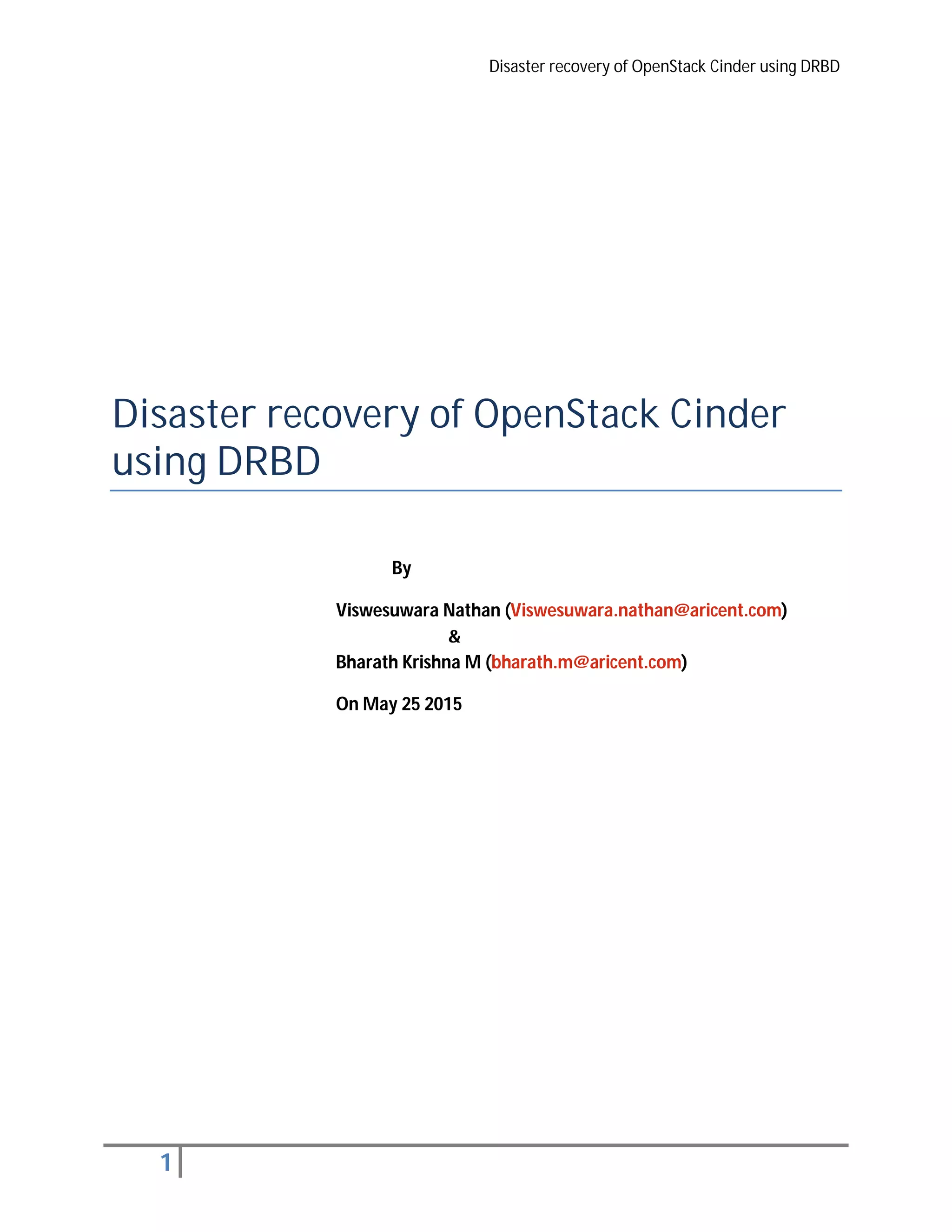 Disaster recovery of OpenStack Cinder using DRBD | PDF