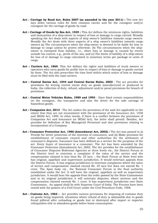 10
Act : Carriage by Road Act, Rules 2007 (as amended in the year 2011) : The new Act
lays down various rules for both common carrier and for the consignor and/or
consignee for the carriage of goods by road.
Act : Carriage of Goods by Sea Act, 1925 : This Act defines the minimum rights, liabilities
and immunities of a ship-owner in respect of loss or damage to cargo carried. Broadly
speaking the Act deals with aspects of ship owner’s liabilities towards cargo owners.
Broadly the Act deals with three aspects of a ship owner’s liabilities towards cargo
owners (a) The circumstances when the ship-owner is deemed to be liable for loss or
damage to cargo unless he proves otherwise. (b) The circumstances when the ship-
owner is exempted from liability, i.e., when loss or damage is caused by events
outside his control, e.g., perils of the sea, and (c) The limits of liability of a ship-owner
for loss of or damage to cargo calculated in monetary terms per package or units of
cargo.
Act : Carriers Act, 1865: This Act defines the rights and liabilities of truck owners or
operators who carry goods for public hire in respect of loss or damage to goods carried
by them. The Act also prescribes the time limit within which notice of loss or damage
must be filed with the road carriers.
Act : Central Excise Act, 1944 and Central Excise Rules, 2002 : The act provides for
provisions for levying central excise duty on goods manufactured or produced in
India, the collection of duty, refund, adjustment and/or penal provisions for breach of
provisions.
Act : Central Motor Vehicles Rules, 1989 and 1993 : Have fixed certain responsibilities
on the consignor, the transporter and also the driver for the safe carriage of
hazardous goods.
Act : Companies Act, 2013 : The Act makes the provisions of the said Act applicable to the
extent that they are not inconsistent with the provisions of the Insurance Act, 1938
and IRDAI Act, 1999. In other words, if there is a conflict between the provisions of
Companies Act and Insurance (or IRDAI Act), the latter shall prevail. Besides, Act
provides for definition of Key Managerial Personnel and also provisions relating to
incorporation of a Company.
Act : Consumer Protection Act, 1986 (Amendment Act, 2002) : The Act was passed to (i)
Provide for better protection of the interests of consumers, and (ii) Make provision for
establishment of consumer council and other authorities for the settlement of
consumer’s disputes. Insurance has been defined as a service for the purposes of the
act. Every buyer of insurance is a consumer. The Act has been amended by the
Consumer Protection (Amendment) Act, 2002. The Act provides for the establishment
of Consumer Disputes Redressal Agencies at three levels viz., the District Forum at
the District level to entertain a complaint if the value of the service and the
compensation claimed is less than Rs. 25 lacs. ; the State Forum at State level who
has original, appellate and supervisory jurisdiction. It would entertain appeals from
the District Forum. It has original jurisdiction to entertain complaints where the value
of service and compensation claimed exceed Rs. 25 lacs but does not exceed Rs. 1
crore. The Apex body viz., the National Consumer Forum is the final authority
established under the Act. It will have the original, appellate as well as supervisory
jurisdiction. It would hear the appeals from the order passed by the State Commission
and in its original jurisdiction it will entertain disputes, where services and the
compensation claimed exceeds Rs. 1 crore. It has supervisory jurisdiction over State
Commission.. An appeal shall lie with Supreme Court of India. The Forums have been
vested with the powers of a Civil Court under the Civil Procedure Code, 1908.
Act : Customs Act, 1962 : Act provides various provisions for imposing of customs duty
on goods being imported, situations where refund of duty is admissible due to goods
found pilfered after unloading or goods lost or destroyed after import or importer
relinquishes title or abandons goods before home consumption.
 
