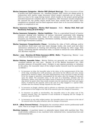 289
Marine Insurance Categories : Marine DSU (Delayed Start-up) : This is insurance of loss
of profits and fixed expenses, viz., standing charges. DSU covers are always given in
conjunction with marine cargo insurance where project materials are in transit. If
there is a loss to the cargo during transit, which results in the project period getting
extended beyond the schedule date of completion, DSU Insurance would compensate
the assured for the profits which would have been earned had the project been
completed on schedule and the fixed expenses which have to be incurred whether the
project is completed or not.
Marine Insurance Categories : Marine Hull Insuance : Refer : Marine Hull, Hull and
Machinery Policy (H & M Policy.”
Marine Insurance Categories : Marine Liabilities : This is a specialized branch of marine
insurance dealing with liabilities of various interested associated with shipping
industry and maritime trade. Some of the common policies under this class of
insurance are Charterers’ Liability, Stevedores Liability, Terminal Operators’ Liability
and Freight Forwarders Liability.
Marine Insurance Comprehensive Clause : Including the risks of theft, pilferage and/or
non-delivery, fresh water and rain water damage, hooks, oils, mud, acid and other
extraneous substances or heating and sweating and damage by other cargo. This
clause, containing specific extraneous risks, is noised to extend the cover afforded by
ICC (B) when required.
Marine – cum – Erection All Risks Insurance (MCE) : Refer : “Engineering : Marine – cum
– Erection All Risks Insurance (MCE).”
Marine Policies, Insurable Value : Marine Policies are generally are valued policies and
unvalued policies are very rare. Section 18 of the Marine Insurance Act, 1963
provides measure of insurable value.—Subject to any express provision or valuation
in the policy, the insurable value of the subject-matter insured must be ascertained
as follows:—
1. In insurance on ship, the insurable value is the value, at the commencement of the risk,
of the ship, including here outfit provisions, and stores for the officers and crew, money
advanced for seamen’s wages, and other disbursements if any incurred to make the ship
fit for the voyage or adventure contemplated by the policy, plus the charges of insurance
upon the whole. The insurable value, in the case of a steamship, includes also the
machinery, boilers, and coals and engine stores if owned by the assured; in the case of a
ship driven by power other than steam includes also the machinery and fuels and engine
stores, if owned by the assured; and in the case of a ship engaged in a special trade,
includes also the ordinary fittings requisite for that trade;
2. In insurance on freight, whether paid in advance or otherwise, the insurable value is the
gross amount of the freight at the risk of the assured, plus the charges of insurance;
3. In insurance on goods or merchandise, the insurable value is the prime cost of the
property insured, plus, the expenses of and incidental to shipping and the charges of
insurance upon the whole.
4. In insurance on any other subject-matter, the insurable value is the amount at the risk of
the assured when the policy attaches, plus the charges of insurance
M.F.N. : (Most Favored Nation) : Designation for countries which receive preferential tariff
rates. This is no longer the best tariff structure available.
Maritime Lawyers : A maritime lawyer or admiralty lawyer deals with maritime law. This
could involve collisions at sea, maritime torts, industrial torts, transactional law and
environmental law.
 
