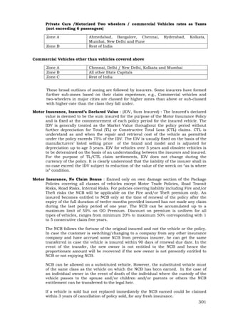 301
Private Cars /Motorized Two wheelers / commercial Vehicles rates as Taxes
(not exceeding 6 passengers)
Zone A Ahmedabad, Bangalore, Chennai, Hyderabad, Kolkata,
Mumbai, New Delhi and Pune
Zone B Rest of India
Commercial Vehicles other than vehicles covered above
Zone A Chennai, Delhi / New Delhi, Kolkata and Mumbai
Zone B All other State Capitals
Zone C Rest of India
These broad outlines of zoning are followed by insurers. Some insurers have formed
further sub-zones based on their claim experience, e.g., Commercial vehicles and
two-wheelers in major cities are classed for higher zones than above or sub-classed
with higher-rate than the class they fall under.
Motor Insurance, Insured’s Declared Value : (IDV, Sum Insured) : The Insured’s declared
value is deemed to be the sum insured for the purpose of the Motor Insurance Policy
and is fixed at the commencement of each policy period for the insured vehicle. The
IDV is generally treated as the Market Value throughout the policy period without
further depreciation for Total (TL) or Constructive Total Loss (CTL) claims. CTL is
understand as and when the repair and retrieval cost of the vehicle as permitted
under the policy exceeds 75% of the IDV. The IDV is usually fixed on the basis of the
manufacturers’ listed selling price of the brand and model and is adjusted for
depreciation up to age 5 years. IDV for vehicles over 5 years and obsolete vehicles is
to be determined on the basis of an understanding between the insurers and insured.
For the purpose of TL/CTL claim settlements, IDV does not change during the
currency of the policy. It is clearly understood that the liability of the insurer shall in
no case exceed the IDV subject to reduction of the value of the wreck on “as is where
is” condition.
Motor Insurance, No Claim Bonus : Earned only on own damage section of the Package
Policies covering all classes of vehicles except Motor Trade Policies, Road Transit
Risks, Road Risks, Internal Risks. For policies covering liability including Fire and/or
Theft risks the NCB will be applicable on the Fire and/or Theft premium only. An
insured becomes entitled to NCB only at the time of renewal of the policy after the
expiry of the full duration of twelve months provided insured has not made any claim
during the last policy period of one year. The NCB can be accumulated up to a
maximum limit of 50% on OD Premium. Discount on premium is uniform for all
types of vehicles, ranges from minimum 20% to maximum 50% corresponding with 1
to 5 consecutive claim free years.
The NCB follows the fortune of the original insured and not the vehicle or the policy.
In case the customer is switching/changing to a company from any other insurance
company and have accrued some NCB from previous insurer, he can get the same
transferred in case the vehicle is insured within 90 days of renewal due date. In the
event of the transfer, the new owner is not entitled to the NCB and hence the
proportionate amount will be recovered if the new owner is not presently entitled to
NCB or not enjoying NCB.
NCB can be allowed on a substituted vehicle. However, the substituted vehicle must
of the same class as the vehicle on which the NCB has been earned. In the case of
an individual owner in the event of death of the individual where the custody of the
vehicle passes to the spouse and/or children and/or parents or others the NCB
entitlement can be transferred to the legal heir.
If a vehicle is sold but not replaced immediately the NCB earned could be claimed
within 3 years of cancellation of policy sold, for any fresh insurance.
 