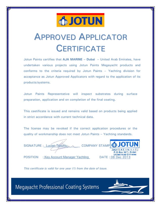APPROVED APPLICATOR CERTIFICATE AJA MARINE (1) PDF