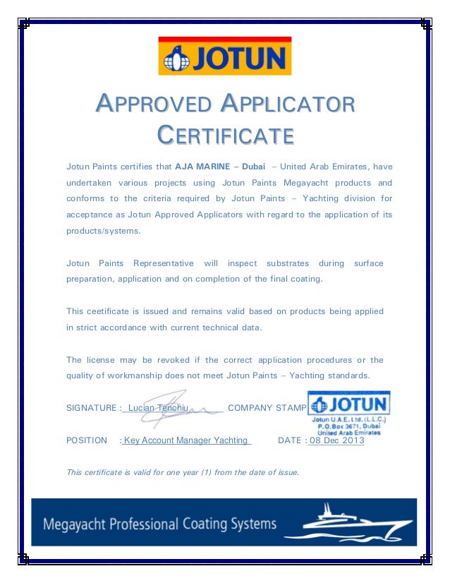 APPROVED APPLICATOR CERTIFICATE AJA MARINE (1)
